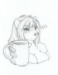  2017 anthro armwear beverage biped black_and_white breasts bust_portrait claws cleavage clothed clothing coffee coffee_mug domestic_ferret elbow_gloves ellipsis eyebrows facial_markings female gloves hair handwear head_markings hi_res holding_beverage holding_mug holding_object line_art long_hair looking_at_viewer malachyte mammal markings mask_(marking) monochrome mug mustelid musteline portrait simple_background solo speech_bubble true_musteline weasel white_background 