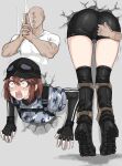  1boy 1girl ass baseball_cap bike_shorts boots brown_hair constricted_pupils faceless faceless_male fingerless_gloves fuku_(fuku12290574) gloves goggles goggles_on_headwear hat highres kanchou original purple_eyes shaded_face short_hair stuck tears thighhighs through_wall 