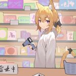  1girl animal_ear_fluff animal_ears barcode_scanner basket blonde_hair cat_ears cat_girl cat_tail closed_mouth counter hair_between_eyes holding_scanner hood hoodie looking_at_viewer medium_hair original smile solo standing suimz tail yellow_fur 