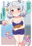  1girl alternate_costume animal_ears blush breasts brown_eyes cleavage clenched_teeth collarbone commentary_request ear_covers fourth_wall hair_between_eyes hair_ornament highres hishi_miracle_(umamusume) horse_ears horse_girl horse_tail kickboard looking_at_viewer medium_breasts medium_hair scared school_swimsuit solo_focus swimsuit tail takiki tearing_up teeth tracen_swimsuit trembling umamusume 