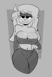  2022 absurd_res anthro bedroom_eyes big_breasts biped bite biting_lip biting_own_lip bottomwear breasts buxy clothed clothing digital_drawing_(artwork) digital_media_(artwork) ear_piercing female fingers floppy_ears fur greyscale hair hi_res lagomorph leporid long_ears looking_at_viewer lop_ears mammal monochrome narrowed_eyes navel navel_piercing piercing rabbit seductive simple_background solo standing topwear vicari_(buxy) 