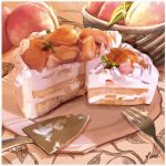  basket cake cake_slice dessert fine_9725 food food_focus fork fruit highres icing no_humans original peach plate shadow still_life 