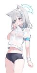  1girl absurdres alternate_costume animal_ears black_buruma blue_archive blush breasts buruma grey_hair gym_shirt gym_uniform halo highres looking_ahead medium_breasts meunhongcha midriff navel shiroko_(blue_archive) shirt shirt_hold short_sleeves simple_background solo stomach sweat sweaty_clothes white_background wolf wristband 