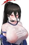  1girl :o absurdres ateoyh black_choker black_hair blue_archive blue_jacket breasts choker covered_nipples halo hasumi_(blue_archive) hasumi_(track)_(blue_archive) high_ponytail highres huge_breasts jacket mole mole_under_eye off_shoulder official_alternate_costume open_mouth red_eyes see-through see-through_shirt solo track_jacket upper_body 