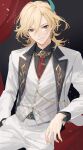  1boy belt black_shirt blonde_hair blue_belt buttons feather_hair_ornament feathers genshin_impact hair_between_eyes hair_ornament hand_in_pocket highres jewelry kaveh_(genshin_impact) kota_uro long_sleeves looking_at_viewer male_focus necktie open_hand pants red_eyes red_necktie shirt sitting smile solo tuxedo upper_body white_pants white_sleeves 