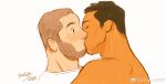  2boys bara beard blush couple dark-skinned_male dark_skin dogephalus facial_hair from_side furrowed_brow highres kiss light_brown_hair male_focus mature_male multiple_boys muscular muscular_male original short_hair sideburns_stubble sparse_stubble surprise_kiss surprised thick_eyebrows upper_body yaoi 