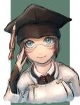  1girl 2021 adjusting_eyewear artist_name avatar_(ff11) black_headwear blue_eyes brown_hair brown_pupils cactus41747280 closed_mouth dated final_fantasy final_fantasy_xi grey-framed_eyewear hand_up hat highres mithra_(ff11) mortarboard scholar_(final_fantasy) semi-rimless_eyewear short_hair smile solo under-rim_eyewear upper_body 