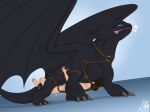  aky belly_riding black_body black_scales blue_sclera bound dragon dreamworks duo feral harness hi_res how_to_train_your_dragon human male male/male mammal membrane_(anatomy) membranous_wings night_fury scales scalie toothless western_dragon wings 
