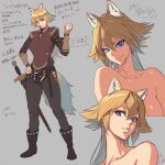  2023 animal_humanoid blonde_hair blue_eyes boots bottomwear breasts canid canid_humanoid canine canine_humanoid clothed clothing crotchless_bottomwear crotchless_clothing crotchless_pants dog_humanoid female footwear hair hi_res humanoid japanese_text mammal mammal_humanoid melee_weapon model_sheet ogami pants solo sword text translation_request weapon 