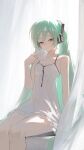  1girl absurdres aqua_eyes aqua_hair backlighting bare_arms breasts cleavage collarbone commentary cup curtains dress feet_out_of_frame hair_ornament half-closed_eyes hatsune_miku headphones highres holding holding_cup jiu_ye_sang last_night_good_night_(vocaloid) long_hair looking_down parted_lips sitting small_breasts solo spaghetti_strap teacup twintails very_long_hair vocaloid white_dress 
