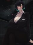  1girl allmind_(armored_core_6) armored_core armored_core_6 black_hair blurry blurry_background bob_cut breasts cleavage curvy green_eyes highres huge_breasts multicolored_hair office_lady personification plump short_hair smirk solo zer0.zer0 