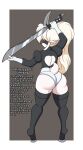  2_horns absurd_res anthro armwear big_butt blindfold bottomwear bovid butt caprine clothed clothing cosplay english_text fur girly goat hair hi_res hooves horn legwear machete male mammal melee_weapon nier_automata ponytail rear_view simple_background skimpy solo square_enix text thigh_highs tight_bottomwear tight_clothing weapon white_body white_fur white_hair zel_vilkoinen_(zelripheth) zelripheth 