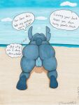 absurd_res alien anthro balls beach big_butt blue_body blue_fur blue_hair butt clothing cloud day dialogue disney experiment_(lilo_and_stitch) footwear fur genitals hair hi_res lilo_and_stitch long_ears lovemet123_(lovemet_room) male sand sandals sea seaside sky small_tail solo speech_bubble stitch_(lilo_and_stitch) tail thick_thighs thought_bubble water 
