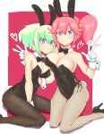  1boy 1girl :&lt; aina_ardebit animal_ears black_bow black_bowtie black_leotard blue_eyes border bow bowtie breasts bunny_day cleavage commentary_request detached_collar double_v fake_animal_ears fake_tail fishnets gloves green_hair high_heels highres kneeling large_breasts leotard lio_fotia male_playboy_bunny otoko_no_ko pantyhose pink_background pink_eyes pink_hair playboy_bunny promare short_hair side-tie_leotard side_ponytail strapless strapless_leotard tail thighs user_ksur8455 v variant_set white_border white_gloves wrist_cuffs 