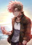  1boy absurdres bakugou_katsuki beach black_pants blonde_hair boku_no_hero_academia brown_jacket closed_mouth esora-arts highres holding holding_shell jacket jewelry long_sleeves male_focus necklace ocean pants red_eyes shell shirt short_hair solo sunset white_shirt 