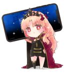  1girl azumi_(myameco) black_thighhighs black_tiara blonde_hair blush cape cellphone chibi earrings ereshkigal_(fate) fate/grand_order fate_(series) hair_ribbon holding holding_phone hoop_earrings jewelry loading_screen looking_at_viewer phone red_cape red_eyes red_ribbon ribbon simple_background single_thighhigh skull skull_brooch smartphone smile solo sparkle spine thighhighs tiara white_background 