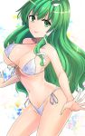  1girl bikini breasts cleavage closed_mouth commentary_request frog_hair_ornament green_eyes green_hair hair_ornament highres kochiya_sanae large_breasts long_hair navel one-hour_drawing_challenge side-tie_bikini_bottom smile snake_hair_ornament solo swimsuit touhou white_background white_bikini y2 