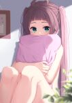  1girl absurdres ahoge arched_bangs blurry blurry_foreground blush brown_hair character_name commentary_request covering depth_of_field green_eyes highres hololive hugging_object indoors knees_up looking_at_viewer natsuiro_matsuri nude_cover official_alternate_hair_length official_alternate_hairstyle pillow pillow_hug sitting solo starkamisan virtual_youtuber 