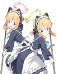  2girls animal_ear_headphones animal_ears apron blonde_hair blue_archive broom cat_ear_headphones fake_animal_ears green_eyes headphones highres holding holding_broom kanzaki_hiro maid maid_apron midori_(blue_archive) midori_(maid)_(blue_archive) momoi_(blue_archive) momoi_(maid)_(blue_archive) multiple_girls official_alternate_costume open_mouth red_eyes short_hair siblings simple_background sisters twins white_background 