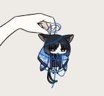  1girl 1other animal_ears black_eyes black_hair black_skirt blue_archive blue_halo cat_ears cat_tail chan_co grey_background halo haori japanese_clothes kikyou_(blue_archive) long_sleeves mini_person minigirl multiple_tails pleated_skirt short_hair simple_background skirt socks solo_focus tail two_tails white_socks 