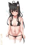  1girl ahoge animal_ear_fluff animal_ears bikini black_bikini black_hair breasts cat_ears cat_tail crescent crescent_hair_ornament hair_ornament highres kantai_collection long_hair lowleg lowleg_bikini micro_bikini mikazuki_(kancolle) one-hour_drawing_challenge side-tie_bikini_bottom simple_background small_breasts solo string_bikini swimsuit tail tf_cafe thighhighs twitter_username white_background white_thighhighs yellow_eyes 