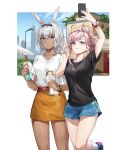  2girls absurdres alternate_costume animal_ears arm_up belt blue_eyes blue_nails blue_shirt blue_shorts breasts caenis_(fate) cellphone closed_mouth collarbone dark-skinned_female dark_skin drink english_commentary fate/grand_order fate_(series) feet_out_of_frame food hairband hand_up highres holding holding_drink holding_food holding_phone kuza_brs long_hair looking_at_viewer medium_breasts miyamoto_musashi_(fate) multiple_girls orange_skirt phone pink_hair ponytail red_belt selfie shirt shirt_tucked_in shoes short_sleeves shorts skirt smartphone smile socks standing standing_on_one_leg v watch white_hair white_shirt white_socks wristwatch 
