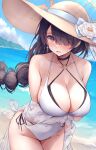  1girl absurdres arm_under_breasts beach bikini black_hair blue_archive blush breasts cleavage collarbone curvy earrings hair_over_one_eye halo hat highres hinata_(blue_archive) hinata_(swimsuit)_(blue_archive) huge_breasts jewelry large_breasts long_hair ocean official_alternate_costume one-piece_swimsuit outdoors red_eyes side-tie_bikini_bottom solo swimsuit thick_thighs thighs white_one-piece_swimsuit yuuki_shuri 