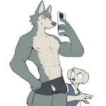  abs anthro areola athletic athletic_anthro athletic_male beastars bulge canid canine canis clothed clothing detailed_bulge domestic_dog duo hi_res holding_object holding_phone jack_(beastars) legoshi_(beastars) male mammal phone selfie underwear underwear_only wolf 