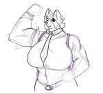  anthro biceps big_breasts big_muscles bottomwear breasts canid canine ceschi clothed clothing crossgender digital_media_(artwork) dyed_(dyed) female flexing fur hair huge_breasts looking_at_viewer mammal monochrome mtf_crossgender muscular muscular_anthro muscular_female raccoon_dog simple_background sketch smile solo standing tanuki thick_thighs topwear torn_clothing wardrobe_malfunction white_background wide_hips 