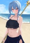  1girl :o bare_shoulders beach bikini blue_bikini blue_eyes blue_hair blush breasts hair_between_eyes haro_art highres holding holding_pole hololive hoshimachi_suisei long_hair looking_at_viewer medium_breasts navel ocean open_mouth pole polearm side_ponytail solo swimsuit virtual_youtuber water weapon 