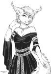  absurd_res anthro belt black_and_white bracelet celtic clothing domestic_cat dress ear_tuft felid feline felis female hi_res hybrid jewelry lynx maine_coon mammal monochrome necklace saoirse_(allen_fuller) snowsnow11 solo traditional_dress tuft 