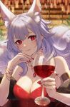  1girl alcohol animal_ear_fluff animal_ears armlet bar_(place) bare_shoulders bracelet breasts cleavage commentary cup dress drinking_glass earrings extra_ears eyeshadow fox_ears fox_tail gem glint hair_between_eyes highres jewelry large_breasts long_hair makeup mole mole_under_eye necklace nijisanji nijisanji_en nina_kosaka red_dress red_eyes red_eyeshadow red_gemstone red_nails red_wine signature solo sy509 tail virtual_youtuber wine wine_glass 