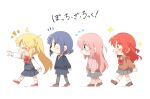  4girls :d ahoge black_pantyhose black_sweater black_vest blonde_hair blue_eyes blue_hair blue_skirt blush bocchi_the_rock! bow bowtie brown_footwear brown_shirt chibi closed_eyes copyright_name detached_ahoge gotoh_hitori green_eyes grey_skirt hair_ornament hairclip ijichi_nijika kita_ikuyo long_hair mole mole_under_eye multiple_girls pants pants_under_skirt pantyhose pink_hair pink_pants pink_track_suit pointing rebecca_(keinelove) red_bow red_bowtie red_footwear red_hair school_uniform shimokitazawa_high_school_uniform shirt shuka_high_school_uniform side_ponytail skirt smile socks sweater vest walking white_background white_shirt white_socks yamada_ryo yellow_eyes 