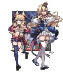  2girls alternate_costume azur_lane black_footwear black_ribbon blonde_hair blue_dress blue_eyes blue_footwear blue_skirt blue_socks blue_thighhighs blush braid chinese_commentary commentary crop_top cross-laced_clothes crossed_bangs crossover crown dress frilled_dress frills fringe_trim full_body hair_between_eyes hair_ornament hair_ribbon hair_scrunchie heart heart_hands highleg highleg_panties highres idol idol_clothes kantai_collection kneehighs kuroinu9 loafers long_hair looking_at_viewer mary_janes midriff mini_crown miniskirt multiple_girls name_connection navel off-shoulder_dress off_shoulder panties pleated_dress pleated_skirt pleated_sleeves purple_eyes ribbon scrunchie shoes short_hair_with_long_locks side_braid sidelocks single_kneehigh single_sock single_thighhigh skirt socks standing teeth thighhighs underwear upper_teeth_only warspite_(azur_lane) warspite_(kancolle) white_dress white_scrunchie white_thighhighs 