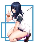  1girl aona_(anagasaki) between_legs black_hair black_shirt black_skirt blue_eyes bow bowtie brown_footwear gridman_universe gridman_universe_(film) hand_between_legs hand_up highres kneeling long_hair looking_at_viewer microskirt orange_scrunchie parted_lips pleated_skirt red_bow red_bowtie red_socks school_uniform scrunchie shirt shirt_under_sweater skirt socks solo ssss.gridman sweater_vest takarada_rikka thick_thighs thighs twitter_username v vest white_vest wrist_scrunchie 