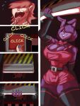 absolute_territory anthro beard belt big_breasts black_clothing black_legwear bonnie_(cally3d) breasts cleavage clothed clothing comic duo facial_hair female five_nights_at_freddy&#039;s fur gryvvath hi_res huge_breasts human inside intimidation lagomorph legwear leporid male mammal purple_body purple_fur rabbit scared scottgames thick_thighs wide_hips 