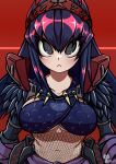  1girl breasts closed_mouth collarbone criss-cross_halter eyelashes fishnets frown grey_eyes hair_between_eyes hairband halterneck highres long_hair looking_at_viewer medium_breasts monster_hunter_(character) monster_hunter_(series) nargacuga_(armor) navel purple_hair red_background red_hairband red_pupils sakumochi_(pixiv4431677) solo straight-on 