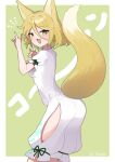  1girl :3 :d animal_ears ass blonde_hair double_fox_shadow_puppet fox_ears fox_shadow_puppet fox_tail hands_up highres kudamaki_tsukasa looking_at_viewer looking_back machimo open_mouth short_hair simple_background smile solo tail touhou white_romper yellow_eyes 