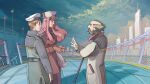  1girl 2boys absurdres brown_hair closed_mouth coat coat_on_shoulders darling_in_the_franxx dr._franxx facial_hair futoshi_(darling_in_the_franxx) gloves green_eyes hat highres jacket long_hair military military_uniform multiple_boys mustache peaked_cap pink_hair short_hair u-joe uniform white_gloves zero_two_(darling_in_the_franxx) 