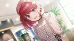  1girl arima_kana beret blush cup dutch_angle hair_tucking hat holding holding_cup idolmaster idolmaster_shiny_colors indoors lens_flare official_art oshi_no_ko patterned_clothing red_eyes red_hair see-through see-through_sleeves short_hair smile solo upper_body vending_machine 