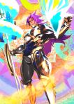  1boy armor bhima_(fate) bhima_(third_ascension)_(fate) fate/grand_order fate_(series) gold_armor lance long_hair looking_at_viewer muscular official_art pako_(pakosun) polearm purple_hair smile staff weapon 