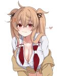 1girl absurdres ahoge all_fours breasts brown_eyes brown_sweater hair_flaps hair_ornament hairclip heterochromia highres kantai_collection large_breasts light_brown_hair long_hair murasame_(jhrdtc) murasame_(kancolle) murasame_kai_ni_(kancolle) neckerchief red_eyes red_neckerchief sailor_collar shirt simple_background solo sweater thigh_gap two_side_up undone_neckerchief white_background white_sailor_collar white_shirt 
