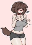  1girl ahoge aki_(snale) animal_ears averting_eyes barking black_nails blush bra bra_peek breasts brown_eyes brown_hair camisole cleavage collar contrapposto cowboy_shot dog_ears dog_girl dog_tail english_text glasses grey_camisole highres leash messy_hair midriff navel original paw_pose pink_background short_hair short_shorts shorts snale speech_bubble tail thick_thighs thighs underwear 