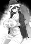  1boy 1girl ? bandages blue_archive blush breasts closed_mouth faceless faceless_male grabbing grabbing_another&#039;s_breast grabbing_from_behind greyscale hair_ornament hairpin halo highres hotate-chan large_breasts long_hair long_sleeves monochrome mummy_costume navel nipples open_clothes rio_(blue_archive) 