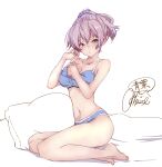  1girl aoba_(kancolle) artist_name barefoot blue_bra blue_eyes blue_panties blush bra character_name collarbone full_body hair_between_eyes highres kantai_collection legs navel panties parted_lips pink_hair ponytail rizzl short_hair signature simple_background solo toes underwear underwear_only white_background 