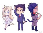  1girl 2boys :&gt; animal_ears artist_name belt black_belt black_eyes black_footwear black_hair blonde_hair blue_eyes blue_jacket blue_pants blue_suit boots brown_eyes cat_boy cat_ears cat_girl cat_tail chibi closed_mouth collared_shirt dark-skinned_male dark_skin earrings earth_federation film_grain full_body gigi_andalusia grey_jacket grey_pants gundam gundam_hathaway&#039;s_flash highres holding holding_own_tail holding_plant jacket jewelry kemonomimi_mode long_hair long_sleeves looking_at_viewer looking_back military_uniform multiple_boys necktie pants plant purple_hair red_necktie shirt shiwaza_(qiduizi) short_hair short_sleeves sideburns signature simple_background smirk standing suit sweat tail uniform white_background white_shirt wing_collar 