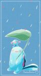  :d animal_focus artist_name blue_background blue_skin blush border colored_skin hanabusaoekaki highres leaf no_humans open_mouth pokemon pokemon_(creature) quagsire rain simple_background smile solid_oval_eyes tail white_border wooper 