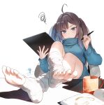  1girl ahoge black_hair blue_dress blue_eyes book breasts closed_mouth coffee_mug commentary cup drawing_tablet dress feet feet_on_table feet_up fingernails foot_focus highres holding holding_stylus light_blush long_hair long_sleeves looking_at_viewer medium_breasts mug nail_polish okeno_kamoku open_book original parted_bangs pink_nails ribbed_socks sidelocks signature simple_background sitting socks solo stylus sweater sweater_dress toeless_legwear toenail_polish toenails turtleneck turtleneck_dress twintails white_background 