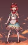  1girl :d absurdres animal_ears annie_(league_of_legends) arm_at_side blue_dress blue_eyes bob_cut bow bowtie breasts brown_background cat_ears commentary_request dress dress_bow fake_animal_ears fire frilled_dress frills full_body hair_bow hairband highres jangdondan korean_commentary league_of_legends mary_janes outstretched_hand pantyhose pink_bow pink_bowtie pink_hairband red_footwear red_hair shoes short_hair small_breasts smile solo swept_bangs teeth two-tone_dress underlighting upper_teeth_only white_dress white_pantyhose 