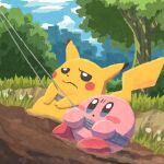  annoyed blue_sky blush_stickers cloud colored_skin grass highres kirby kirby_(series) miclot pikachu pink_skin pokemon pokemon_(anime) pokemon_(classic_anime) pokemon_(creature) rope sky solid_oval_eyes tail 